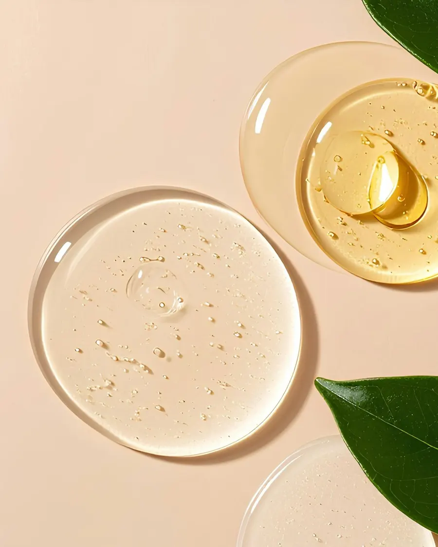 Sieri cosmetici su fondo color cipria con foglie verdi
