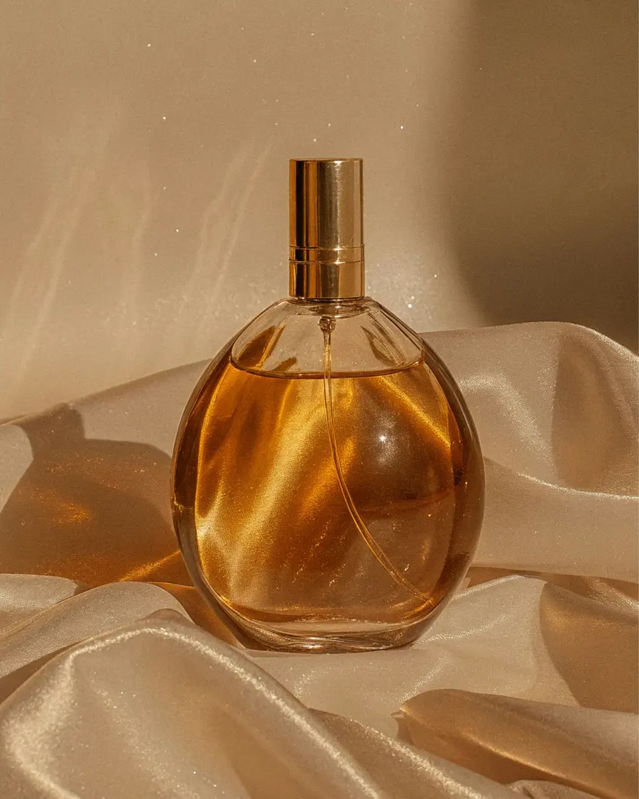 Flacone di profumo ambrato appoggiato su un drappo di raso